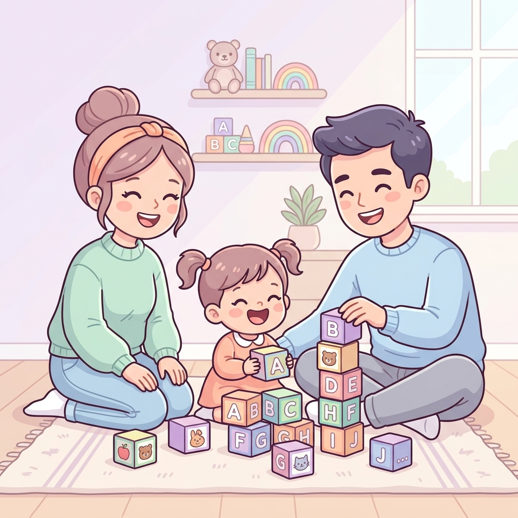 Family playing with blocks